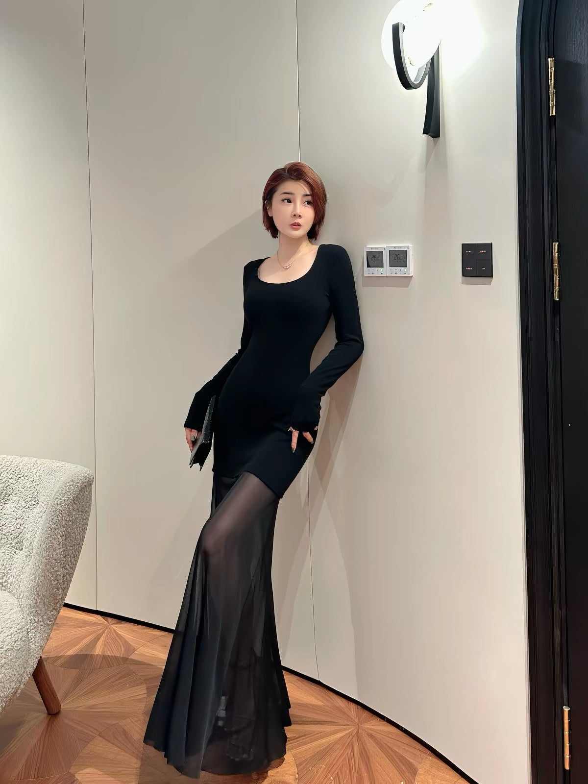 XULU Original Design: A fitted, sexy, long-sleeved square-neck dress featuring a unique combination of imported plush velvet and lightweight, sheer mesh.