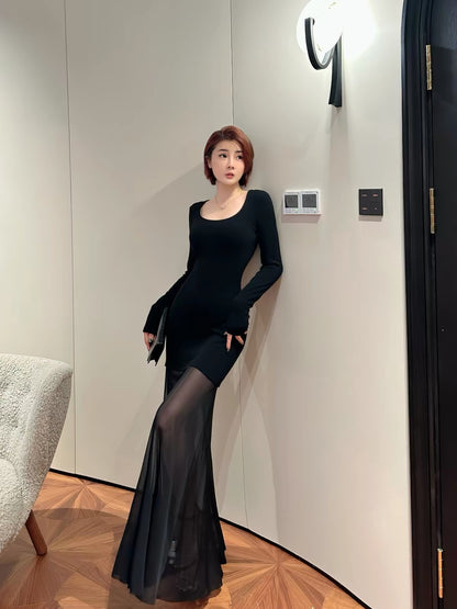 XULU Original Design: A fitted, sexy, long-sleeved square-neck dress featuring a unique combination of imported plush velvet and lightweight, sheer mesh.