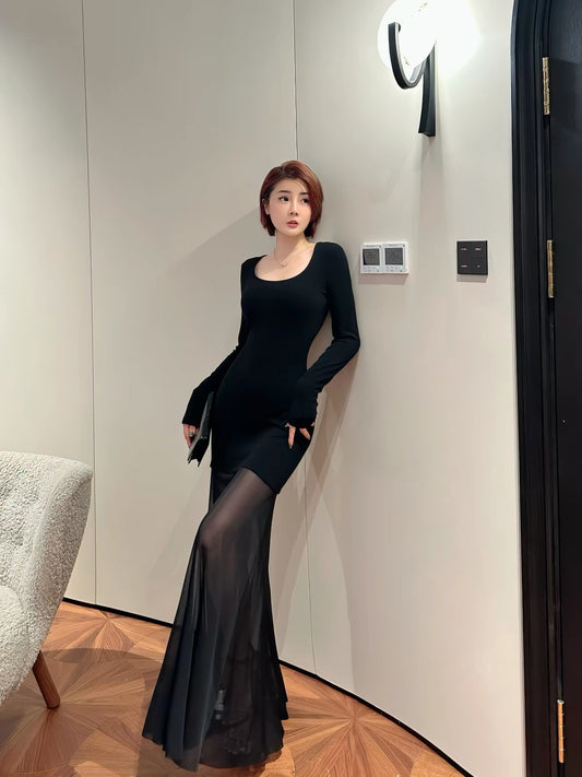 XULU Original Design: A fitted, sexy, long-sleeved square-neck dress featuring a unique combination of imported plush velvet and lightweight, sheer mesh.