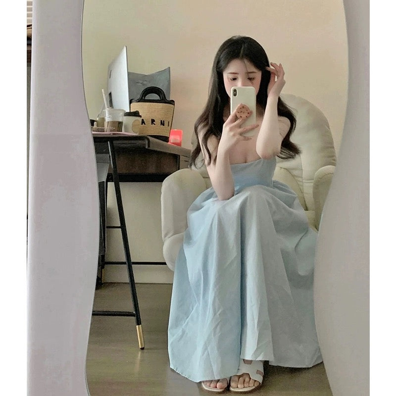 New tea style French retro square neck suspender blue dress pleated sleeveless elegant high waist slimming tutu skirt
