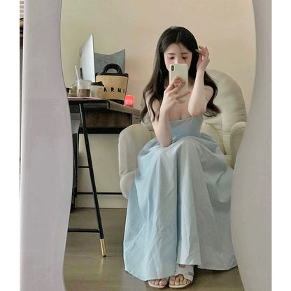 New tea style French retro square neck suspender blue dress pleated sleeveless elegant high waist slimming tutu skirt
