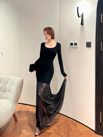 XULU Original Design: A fitted, sexy, long-sleeved square-neck dress featuring a unique combination of imported plush velvet and lightweight, sheer mesh.