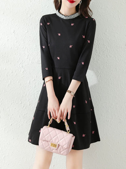 Autumn 2024 new French style waist slimming A-line skirt fairy black printed A-line dress
