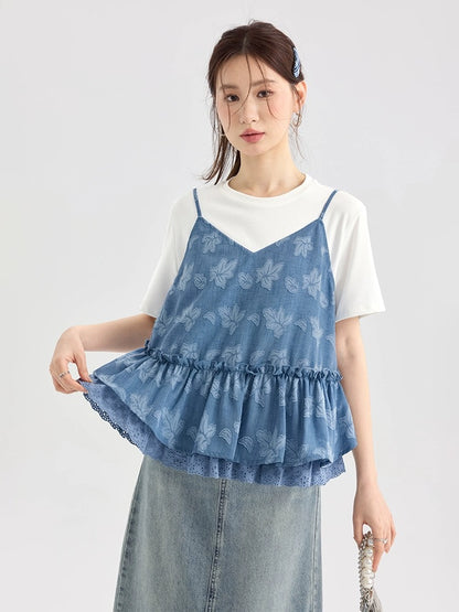 Love Rose large size fat mm ruffled doll shirt suspender T-shirt two-piece summer tops women's design suit