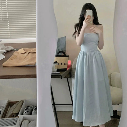 New tea style French retro square neck suspender blue dress pleated sleeveless elegant high waist slimming tutu skirt
