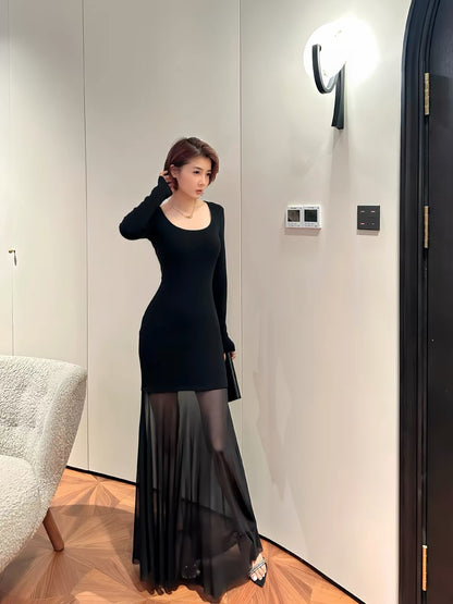 XULU Original Design: A fitted, sexy, long-sleeved square-neck dress featuring a unique combination of imported plush velvet and lightweight, sheer mesh.