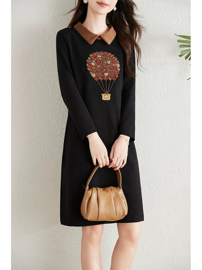Age-reducing lapel beaded dress for women autumn 2024 new large size loose fat mm covering the flesh and slimming casual a-line skirt