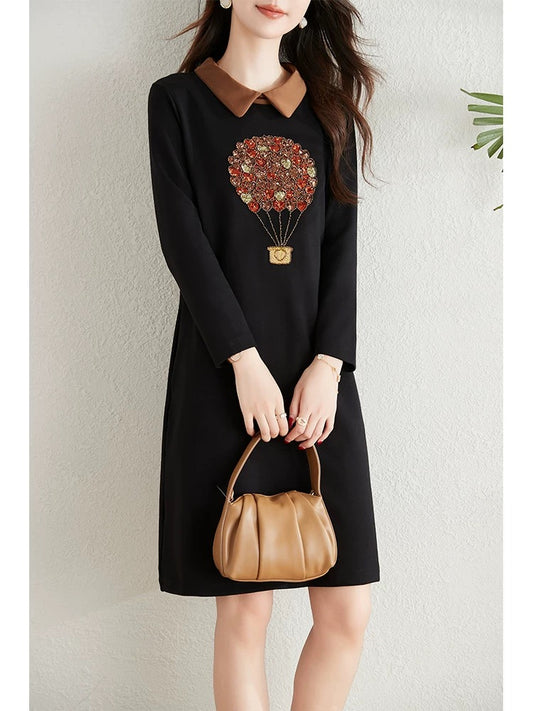 Age-reducing lapel beaded dress for women autumn 2024 new large size loose fat mm covering the flesh and slimming casual a-line skirt