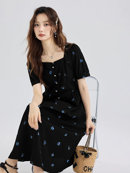 Love rose temperament square collar black floral skirt large size fat mm French dress high-end women's summer beautiful skirt