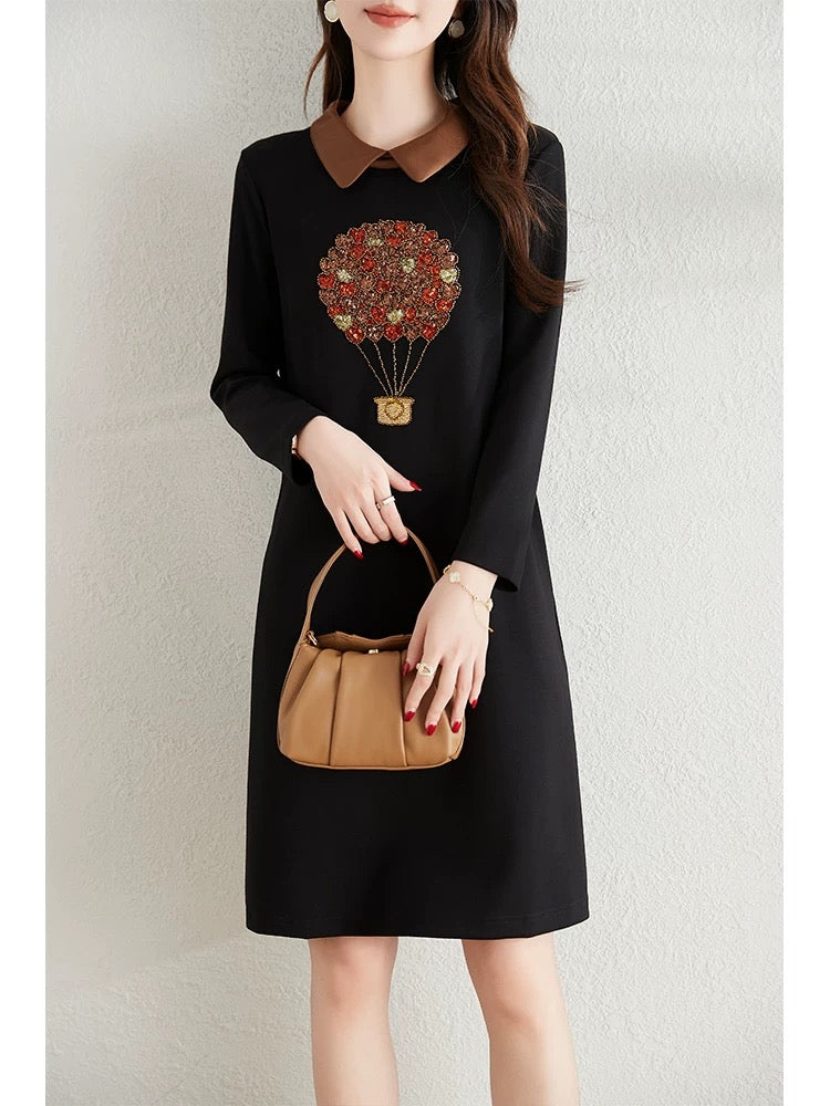 Age-reducing lapel beaded dress for women autumn 2024 new large size loose fat mm covering the flesh and slimming casual a-line skirt