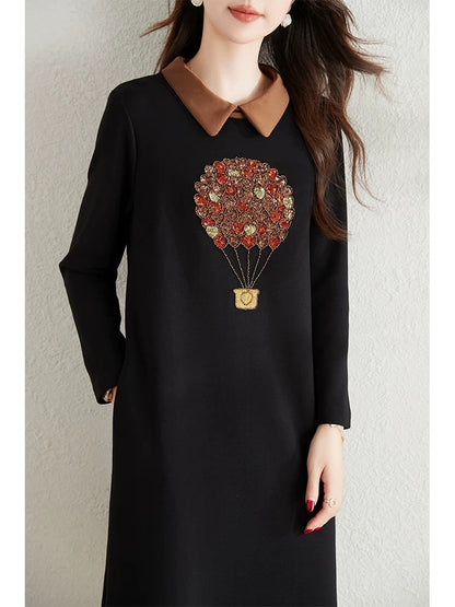 Age-reducing lapel beaded dress for women autumn 2024 new large size loose fat mm covering the flesh and slimming casual a-line skirt