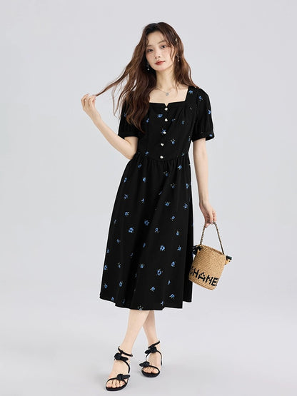 Love rose temperament square collar black floral skirt large size fat mm French dress high-end women's summer beautiful skirt