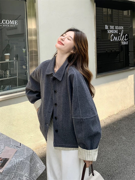 Age-reducing retro striped splicing dark gray lapel jacket for women spring and autumn 2025 new small size big good-looking jacket