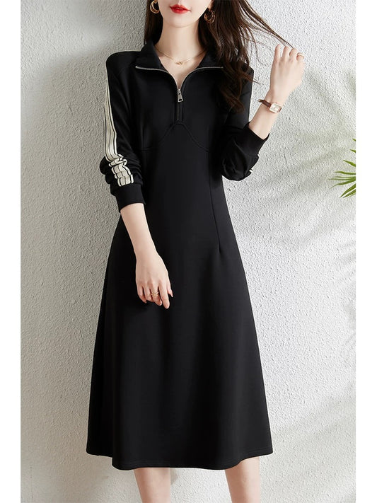 Fashionable casual sports long-sleeved dress for women autumn 2024 new fat mm waist slimming mid-length sweatshirt dress