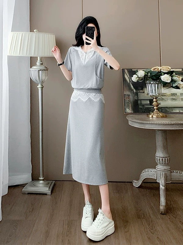 French style casual sports suit for women summer splicing lace temperament gray short-sleeved top skirt two-piece suit