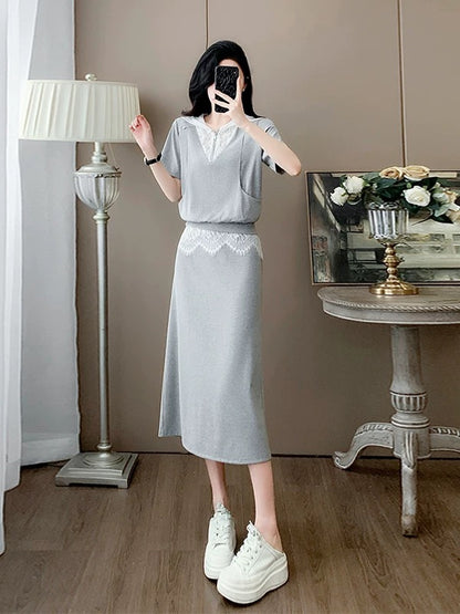 French style casual sports suit for women summer splicing lace temperament gray short-sleeved top skirt two-piece suit