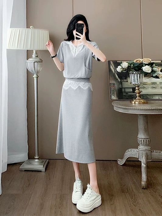French style casual sports suit for women summer splicing lace temperament gray short-sleeved top skirt two-piece suit