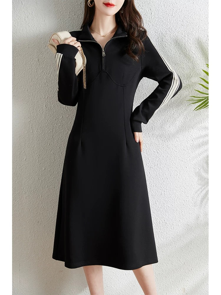 Fashionable casual sports long-sleeved dress for women autumn 2024 new fat mm waist slimming mid-length sweatshirt dress