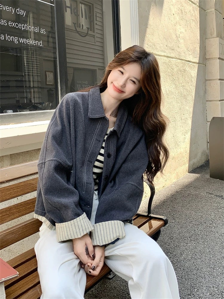 Age-reducing retro striped splicing dark gray lapel jacket for women spring and autumn 2025 new small size big good-looking jacket