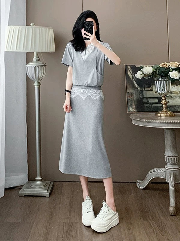 French style casual sports suit for women summer splicing lace temperament gray short-sleeved top skirt two-piece suit