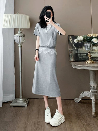 French style casual sports suit for women summer splicing lace temperament gray short-sleeved top skirt two-piece suit