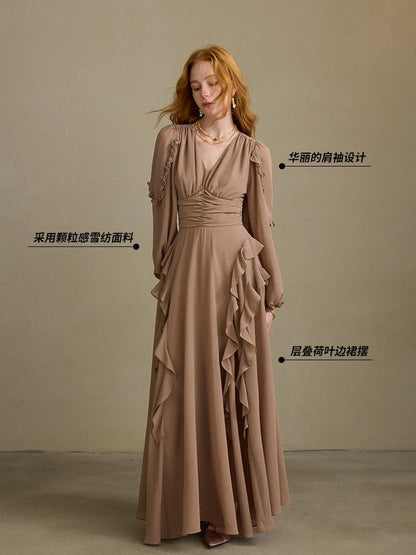 Since then, French retro dresses, high-end ruffled long dresses, V-neck long sleeves, versatile dresses for women in autumn and winter.