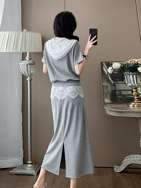 French style casual sports suit for women summer splicing lace temperament gray short-sleeved top skirt two-piece suit