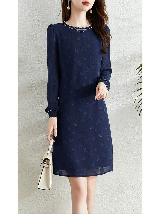 Contrast color lace collar navy blue dress for women autumn 2024 French new style slimming elegant temperament casual chiffon skirt
