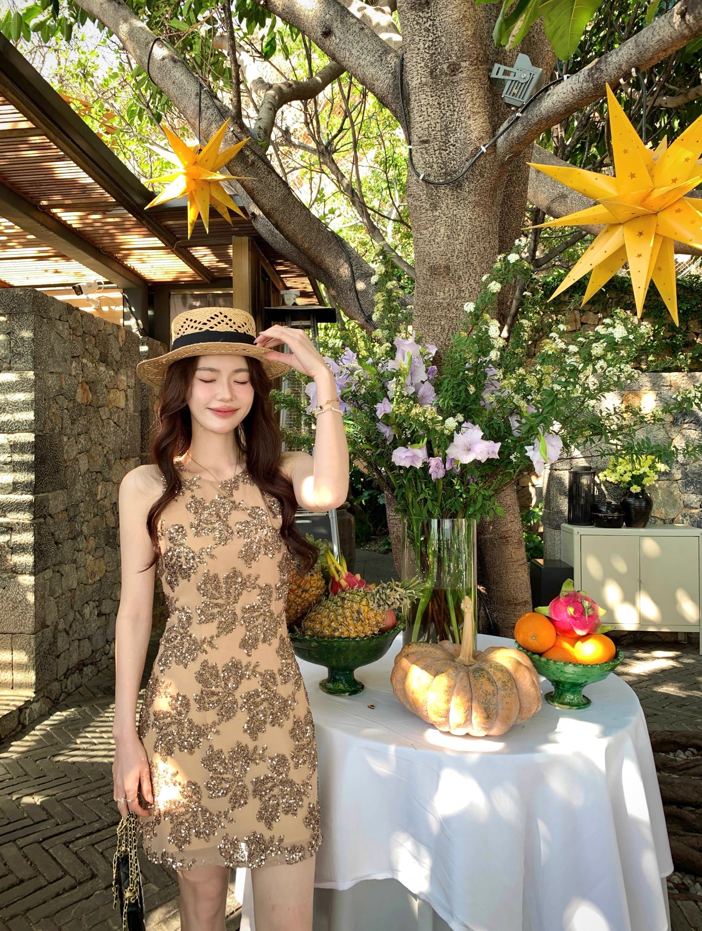 Syeee Sparkling Glitter Floral Dress, High-End Summer Style, Sleeveless Vest Dress