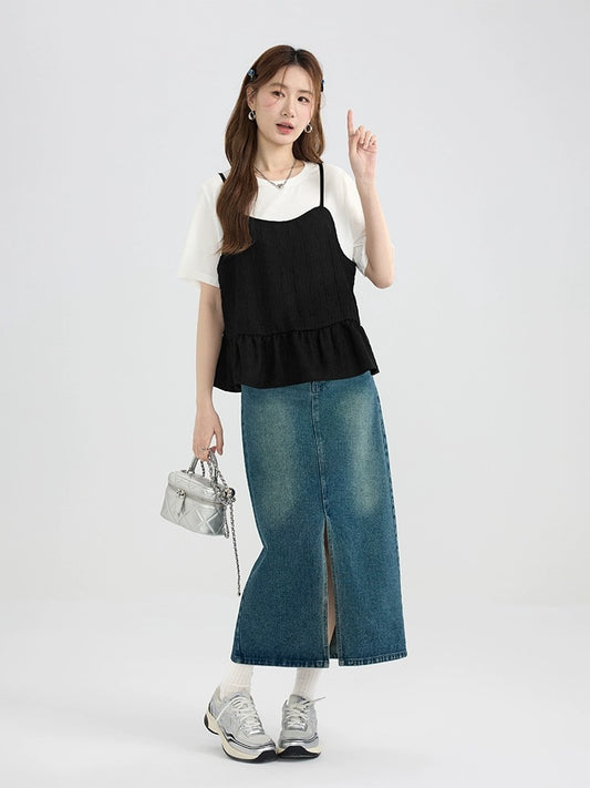 Love Rose Large Size High-end Belly Covering Suspender T-shirt Two-piece Set for Women Summer Fat MM Slimming Suit Short-Sleeved Top