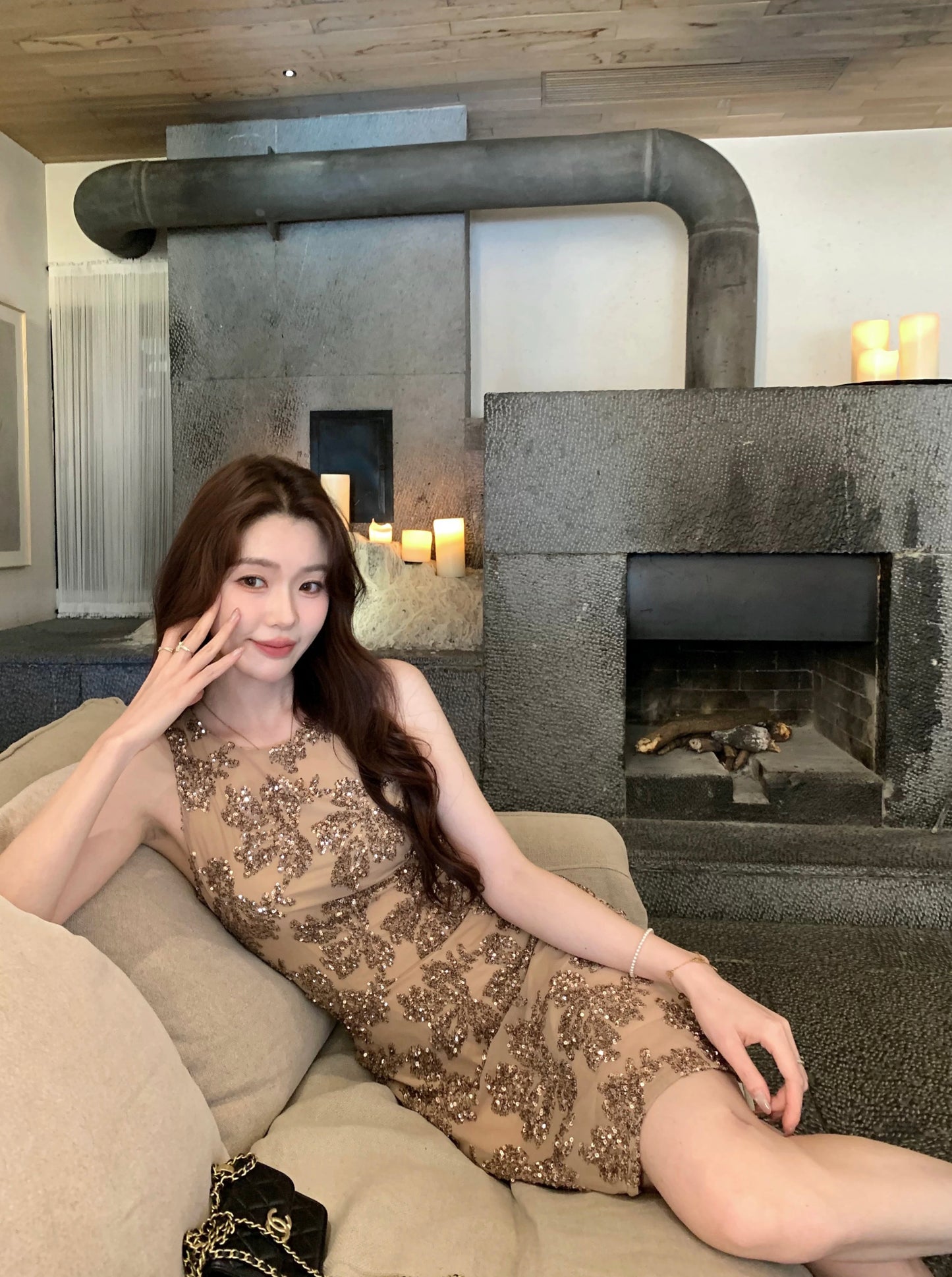 Syeee Sparkling Glitter Floral Dress, High-End Summer Style, Sleeveless Vest Dress