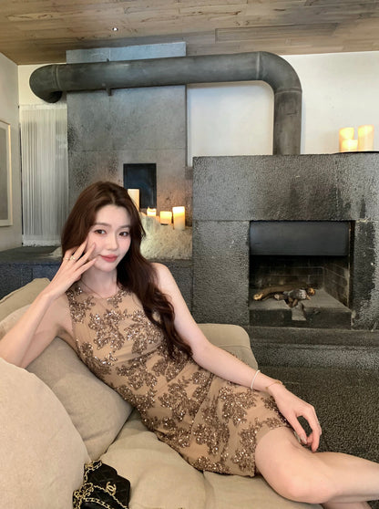 Syeee Sparkling Glitter Floral Dress, High-End Summer Style, Sleeveless Vest Dress