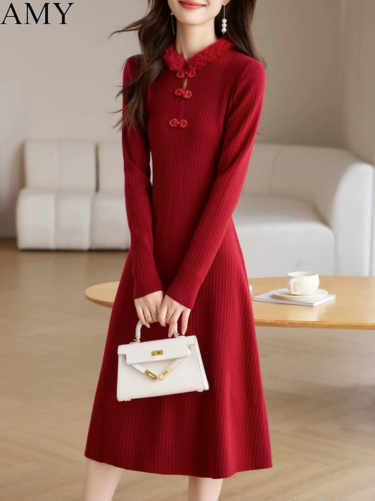 2024 winter new style red buckle national style improved cheongsam temperament soft waxy dress knitted bottom skirt for women