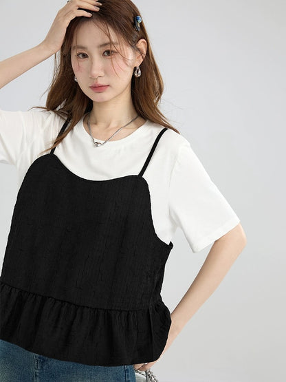 Love Rose Large Size High-end Belly Covering Suspender T-shirt Two-piece Set for Women Summer Fat MM Slimming Suit Short-Sleeved Top