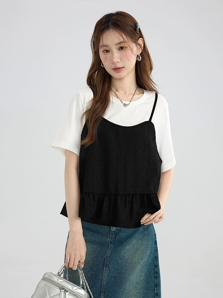 Love Rose Large Size High-end Belly Covering Suspender T-shirt Two-piece Set for Women Summer Fat MM Slimming Suit Short-Sleeved Top