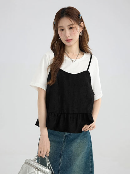 Love Rose Large Size High-end Belly Covering Suspender T-shirt Two-piece Set for Women Summer Fat MM Slimming Suit Short-Sleeved Top