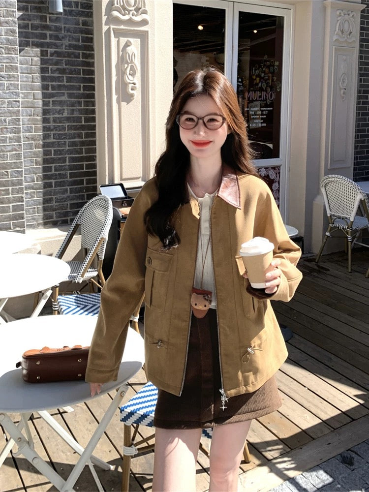 Contrast color patchwork leather lapel khaki jacket women spring and autumn 2025 new small unique super good-looking jacket top