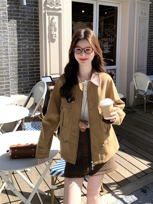 Contrast color patchwork leather lapel khaki jacket women spring and autumn 2025 new small unique super good-looking jacket top