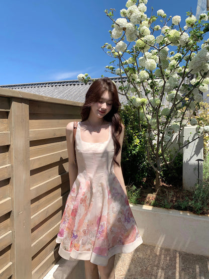 Syeee's Deeply Romantic French-Style Floral Print Dress for Summer: Elegant A-line Square Neck Dress