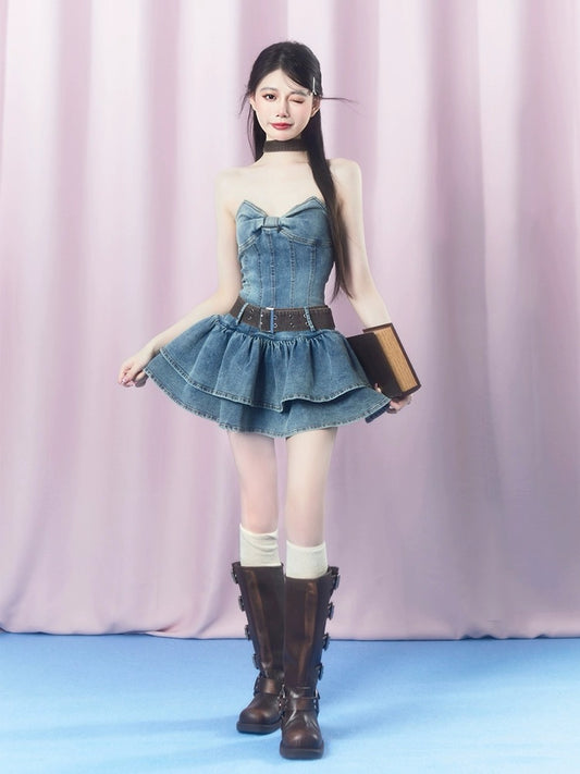 SISI Sauce 2023 new summer style "Retro Denim Sweet and Spicy Tube Dress" Girl's Slim Puff Skirt