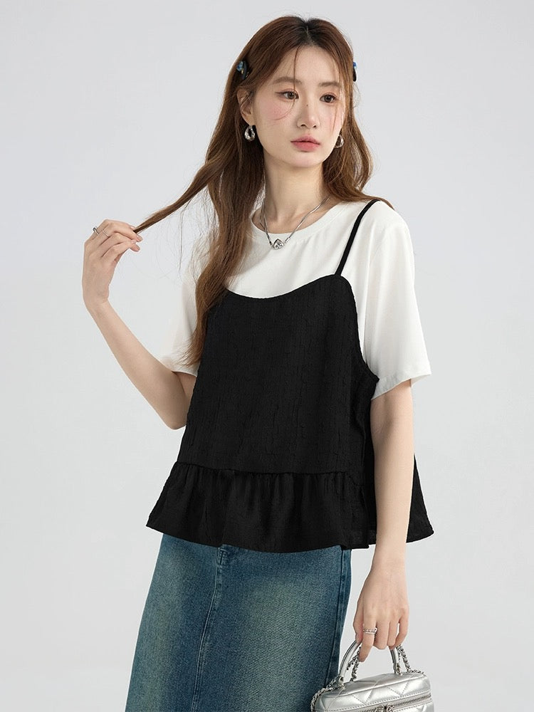 Love Rose Large Size High-end Belly Covering Suspender T-shirt Two-piece Set for Women Summer Fat MM Slimming Suit Short-Sleeved Top