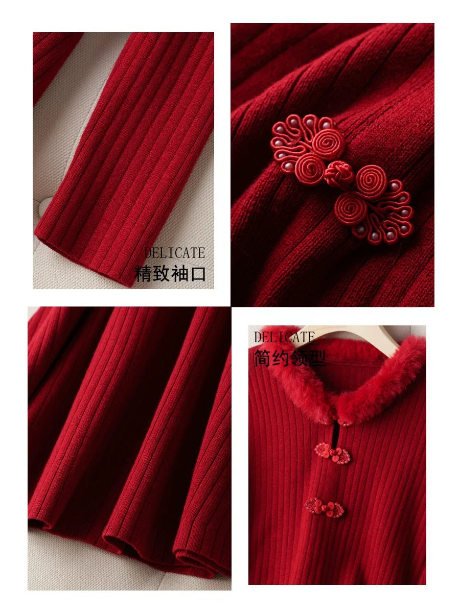 2024 winter new style red buckle national style improved cheongsam temperament soft waxy dress knitted bottom skirt for women