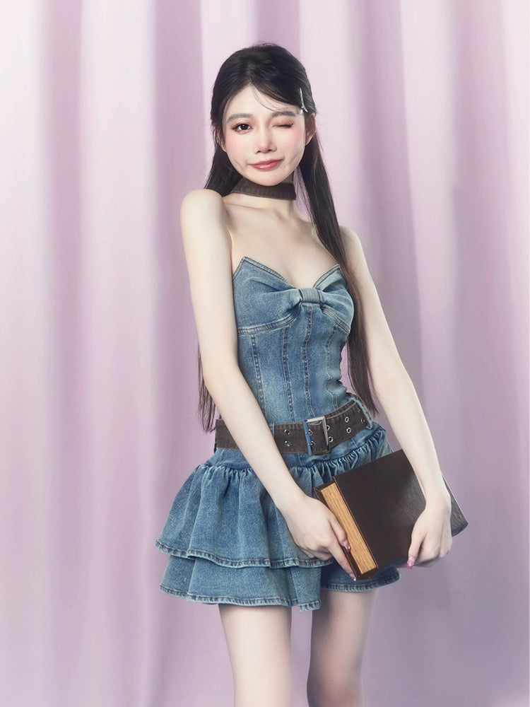 SISI Sauce 2023 new summer style "Retro Denim Sweet and Spicy Tube Dress" Girl's Slim Puff Skirt