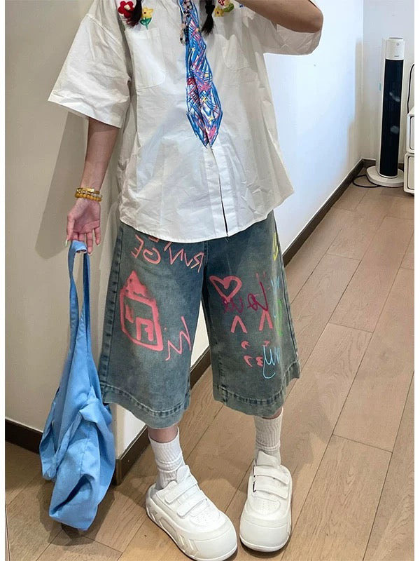 American retro graffiti cartoon print denim cropped pants women summer street hip-hop loose distressed shorts