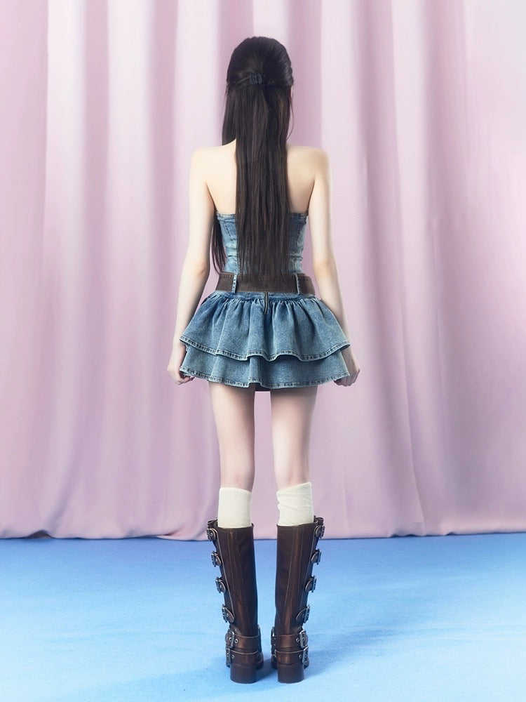 SISI Sauce 2023 new summer style "Retro Denim Sweet and Spicy Tube Dress" Girl's Slim Puff Skirt
