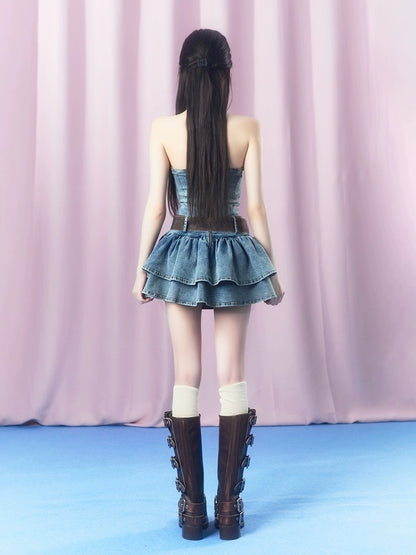 SISI Sauce 2023 new summer style "Retro Denim Sweet and Spicy Tube Dress" Girl's Slim Puff Skirt