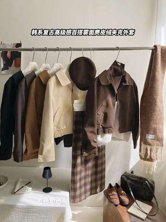 Retro high-end matte suede lapel short coat for women in autumn and winter, versatile casual motorcycle jacket top for small people