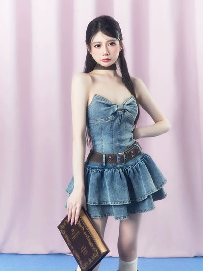 SISI Sauce 2023 new summer style "Retro Denim Sweet and Spicy Tube Dress" Girl's Slim Puff Skirt