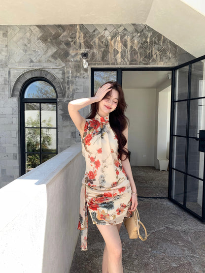 Syeee Moonlit Rose Retro Chinese Style Romantic Sleeveless Printed Dress Women's Summer Flattering Stand Collar Dress