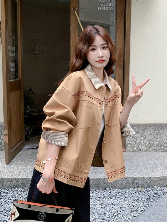 Striped contrast stitching khaki short coat women's spring and autumn 2025 new small size jacket top popular style